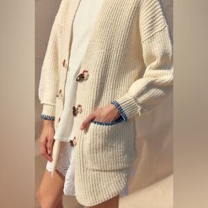 Free People Cream Cardigan with Blue Trim